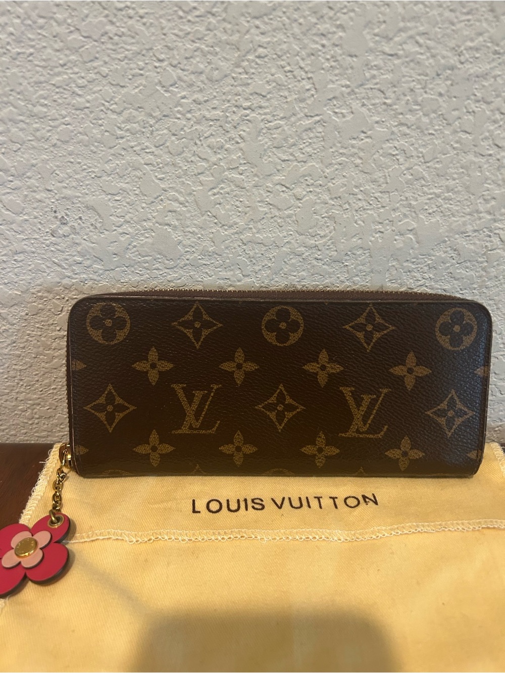 Louis Vuitton Monogram Fuschia Clemence Wallet with Pink Flower Charm